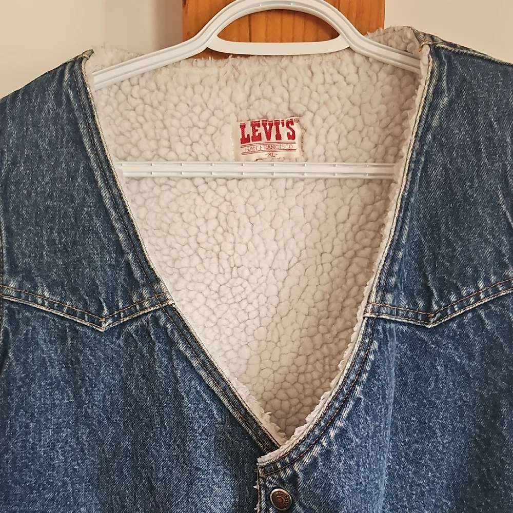 Vintage 70s 80s Levi's Dark Blue Denim Sherpa-Lined Vest - Size XL - Picture 5 of 13